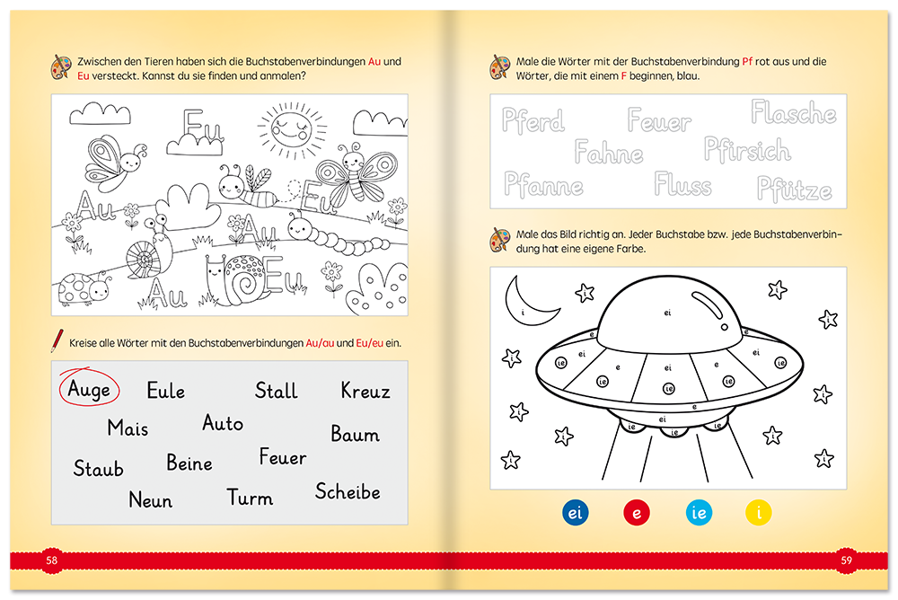 Alphabet lernen von A–Z ab 5 Jahren Kinderbuch Lernhilfe Buchstaben Leseprobe S58-59 Neuer Favorit Verlag Onlineshop